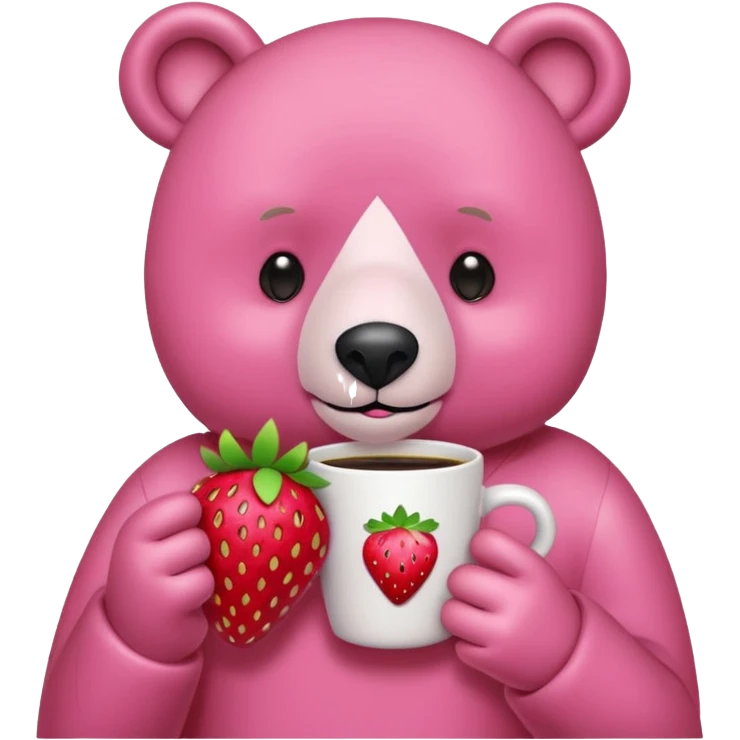 A pink bear is holding a strawberry and drinking coffee with a transparent background in a teenager hand-drawn style. emoji
