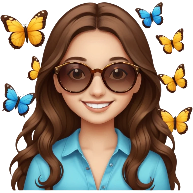 Smiling with butterflies and sunglasses and long brown hair emoji
