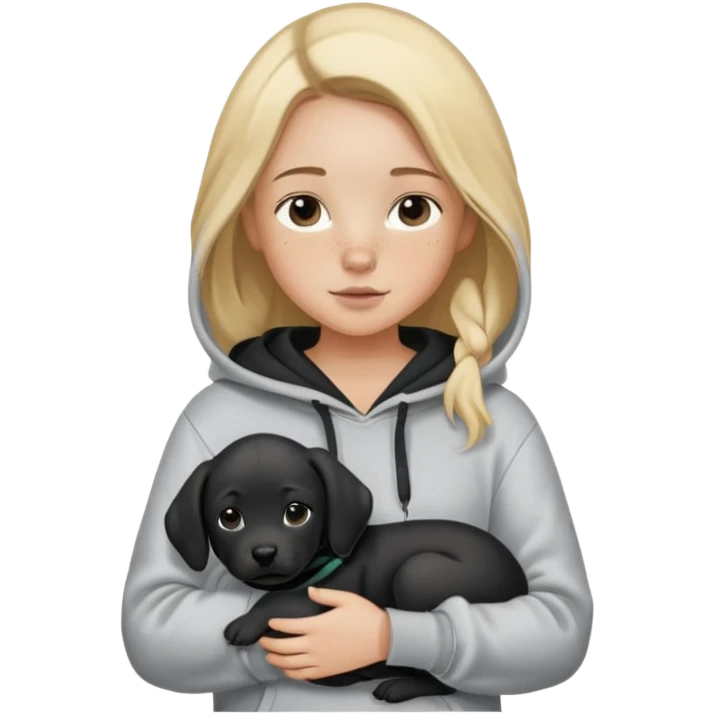 Blonde girl with smooth hair and a center part, light skin with freckles, wearing a hoodie and carrying a black baby labrador puppy in her arms emoji
