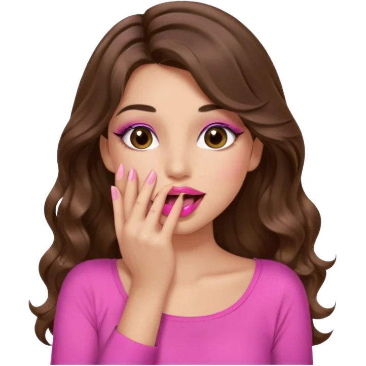 girl with long wavy brown hair, brown eyes, long lashes makeup, sexy pink lips, light to medium complexion, wearing a pink sexy top, sexy, giggling hand covering mouth emoji