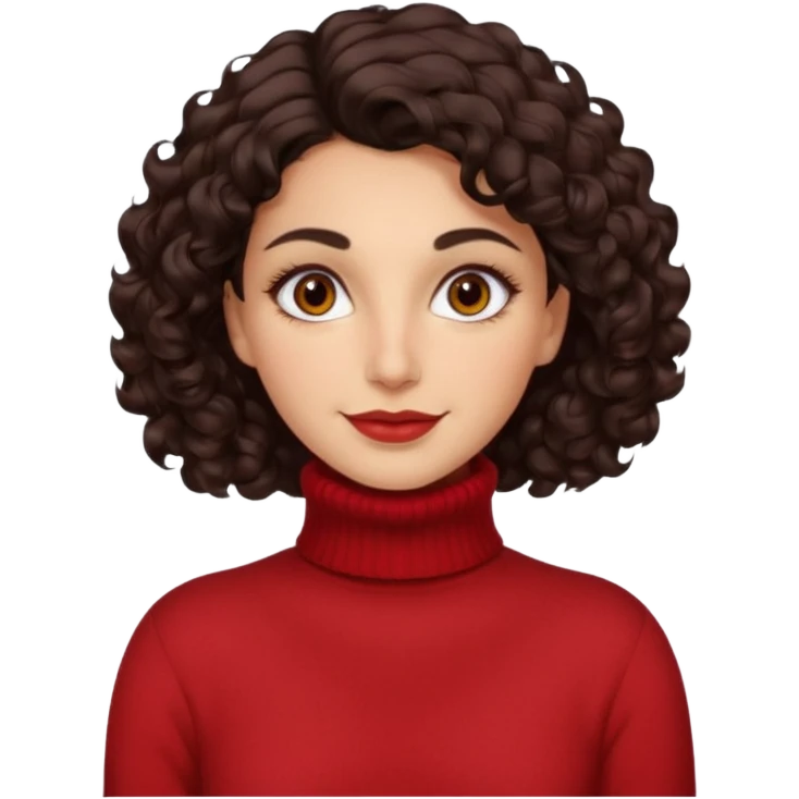 30 yr iranian woman dark brown hair curly wavy short hair, red turtle neck sweater, very thick eyebrows, light skin, dark brown eyes, small smile emoji