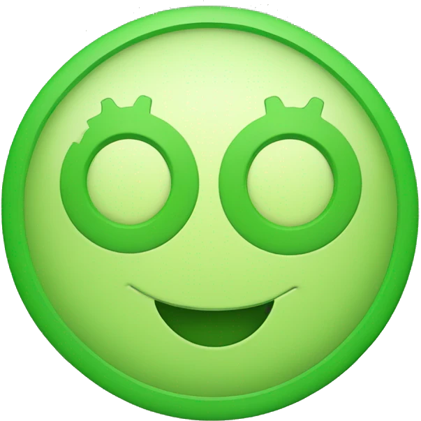 smiley image with green face as a circular outline, with two similar gear shapes as eyes and a curved smile emoji