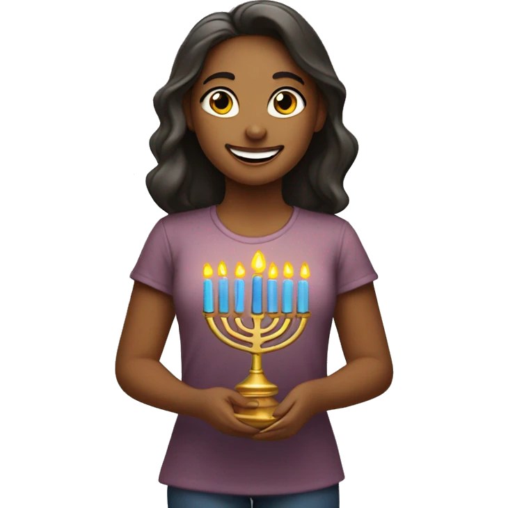 smiling girl in shirt lighting a menorah emoji