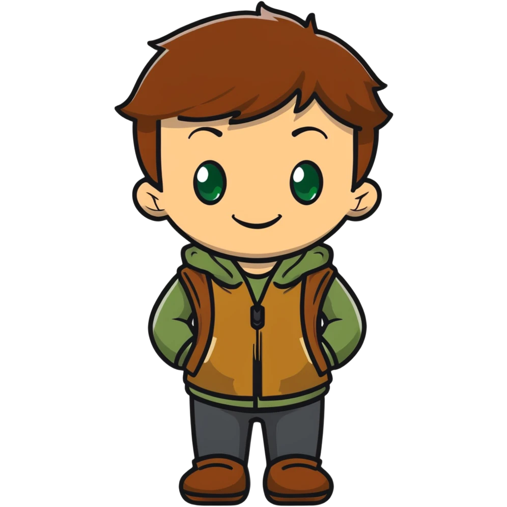 Rudeus Greyrat smiling warmly, green eyes, short brown hair, wearing travel clothes, friendly and kind expression emoji