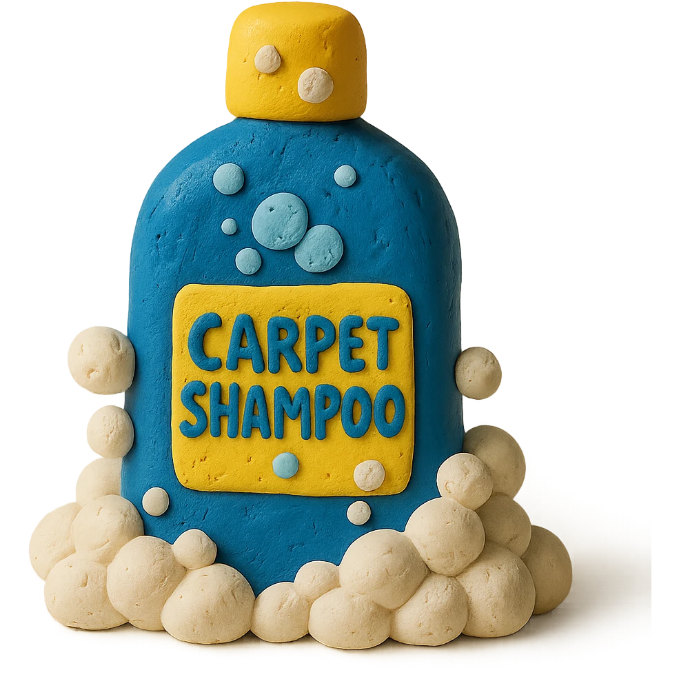 carpet shampoo bottle with bubbles and suds, playful look, claymation style emoji