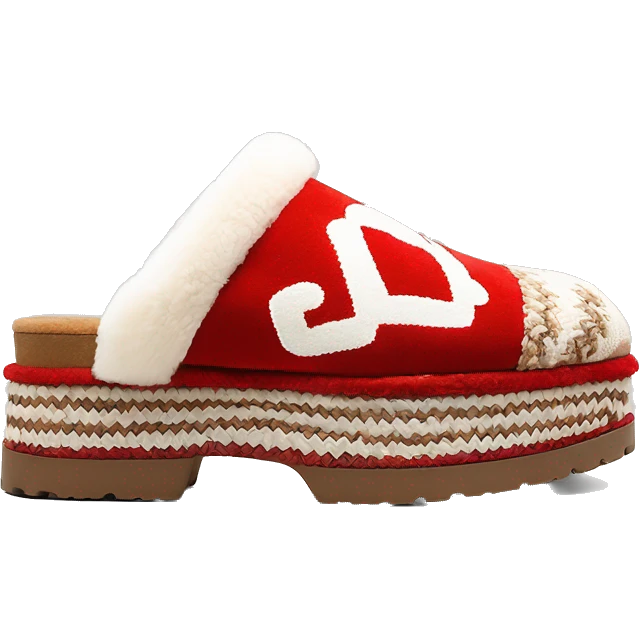 Camel color chunky platform slip-on mule UGG slippers. thin red and white woven zig-zag trim line detail on the opening emoji