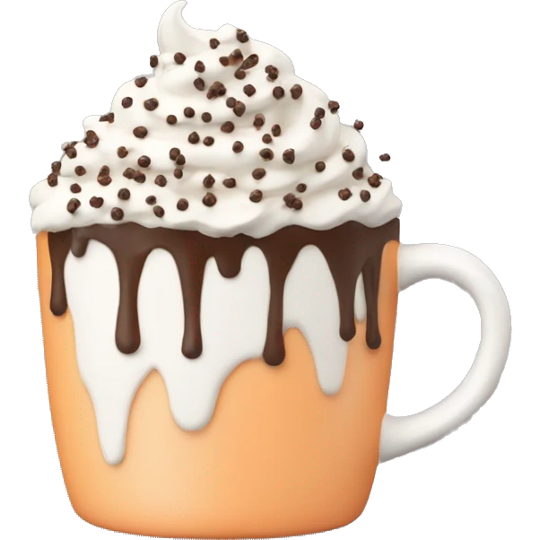 Pastel orange mug. whipped cream on top. Chocolate sprinkles.  emoji