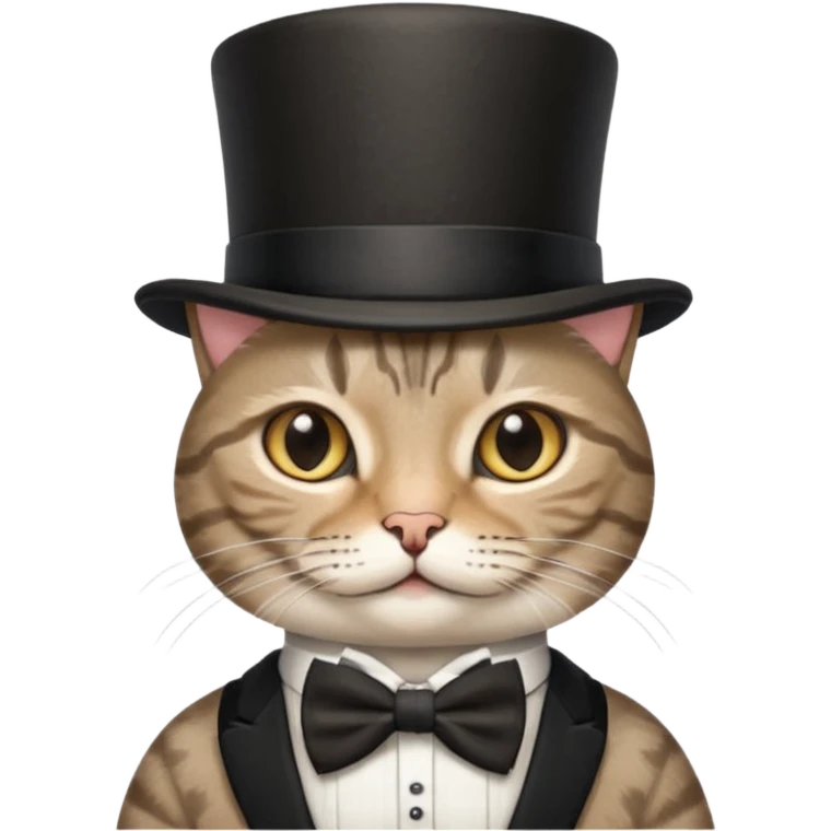 Grey tabby cat in top hat and bow tie emoji