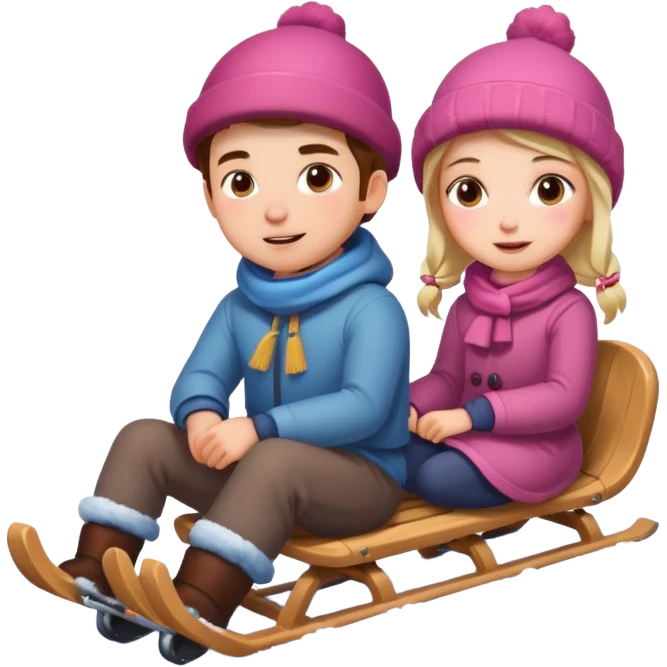 sledge surrounded with snow with boy and girl on top of it riding emoji