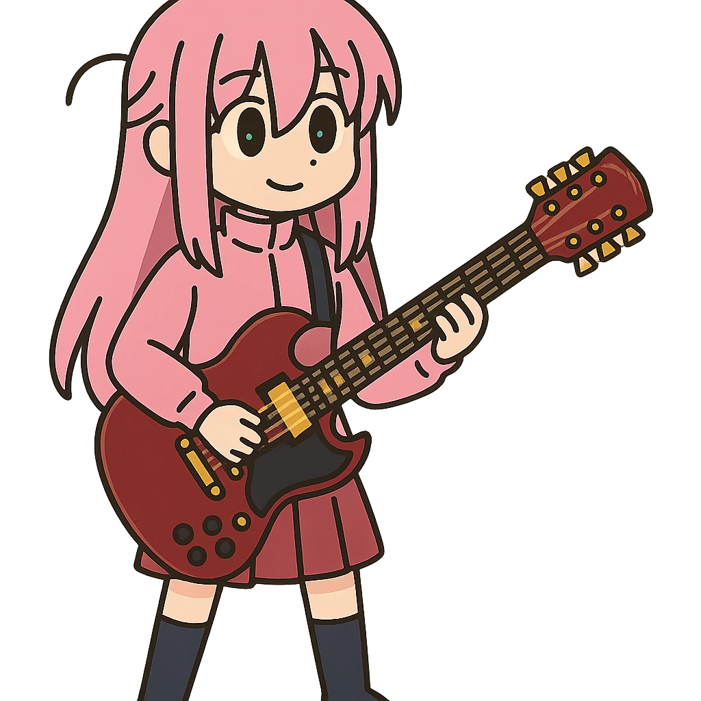 Bocchi the Rock in a pink costume with a guitar emoji