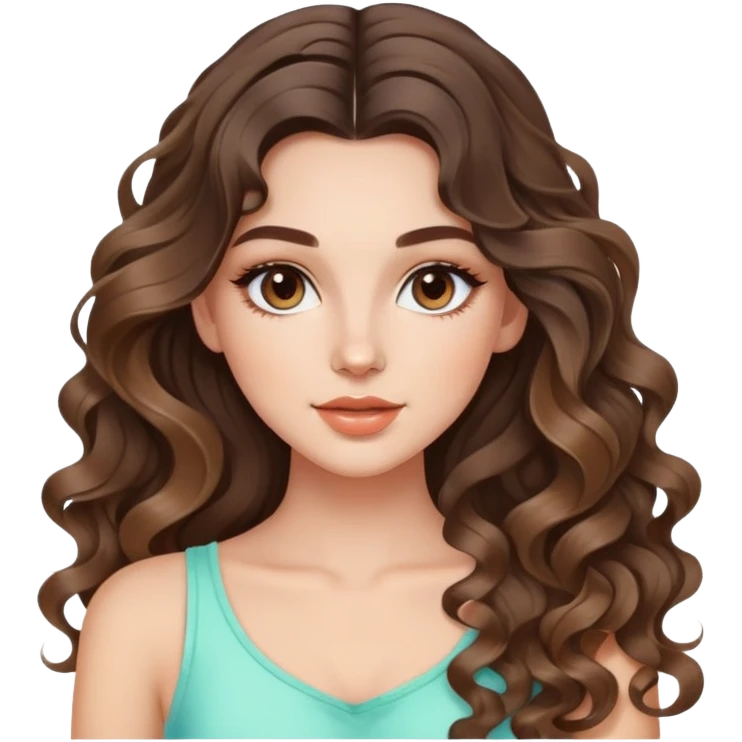 beautiful brunette with a light balayage white girl with nice curls/defined waves, very long hair, clean girl makeup and nice summer outfit  emoji
