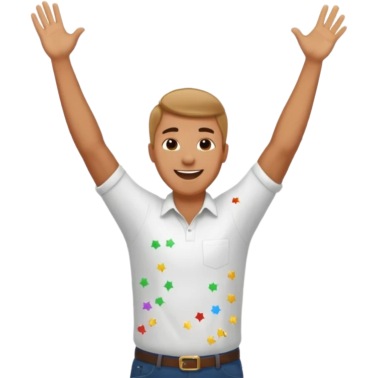 hombre sonriendo saltando con los brazos hacia arriba saltando, con fuegos artificiales, confites volando, emoji