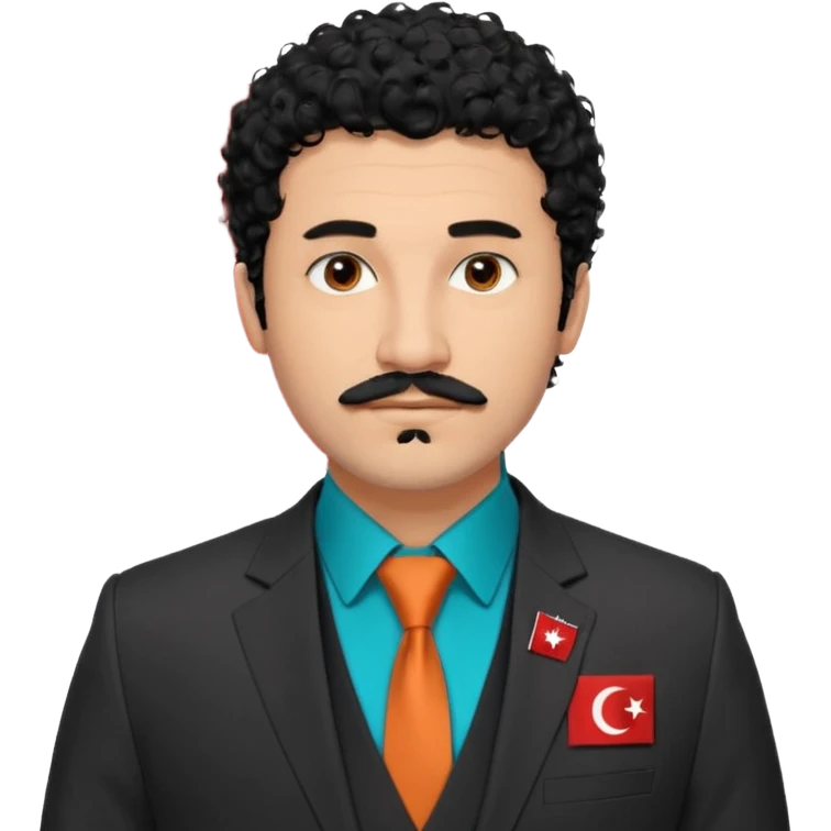 Black curly hair, messy and thrown forward, brown eyes, a goatee, thin mustache, wearing a suit. On the suit, there is a small Turkish flag detail on the chest, and on the other side of the chest, it says 'BST' — with 'B' in orange, 'S' in turquoise, and 'T' in navy blue. emoji