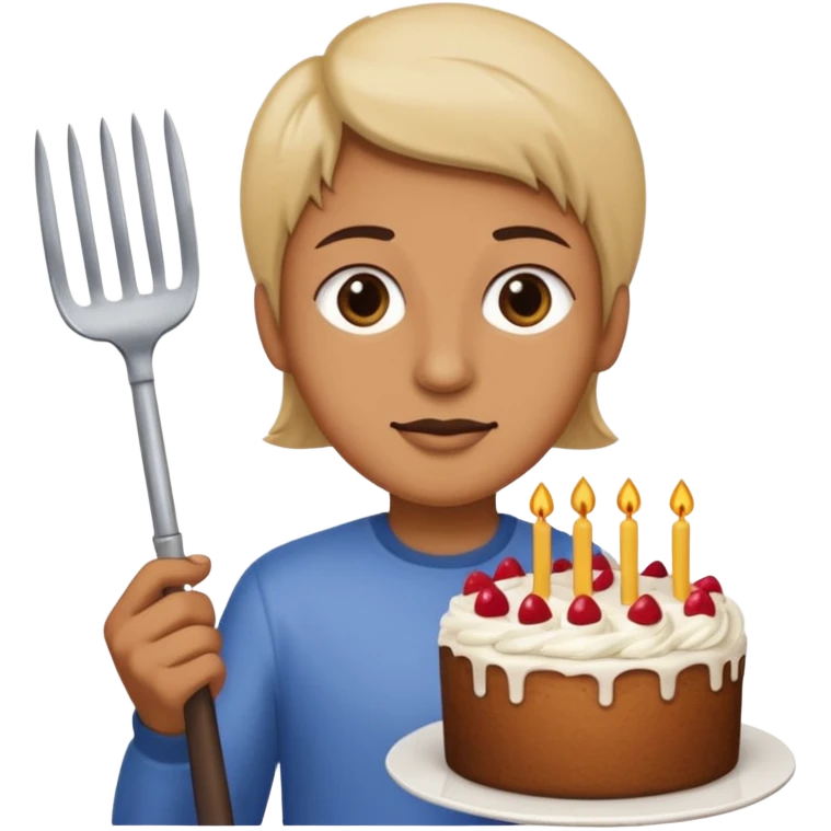 Person holding a pitchfork in one hand and a piece of cake in the other  emoji