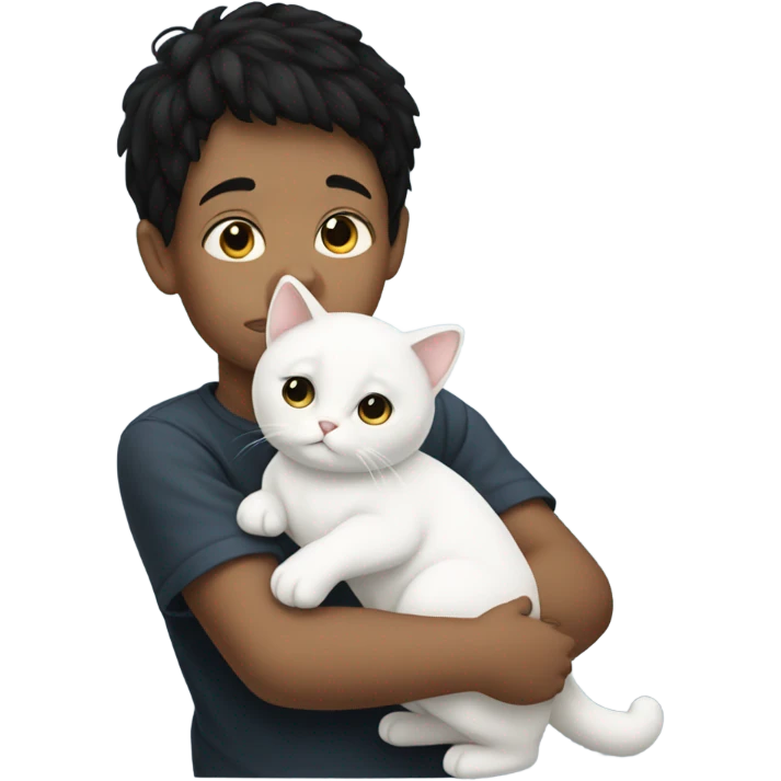 Little boy with black hair holding a huge White cat emoji