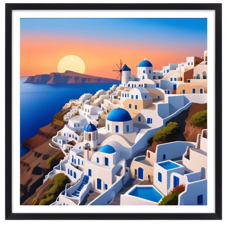 Cinematic Realistic Santorini Caldera Landmark Emoji, featuring white-washed buildings perched on volcanic cliffs, overlooking the deep blue Aegean Sea, with warm sunset hues illuminating the sky and reflecting off the water. emoji