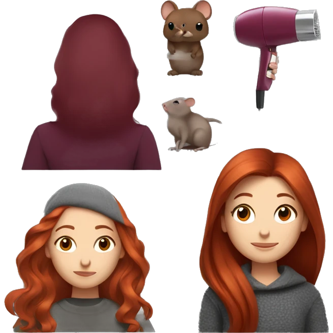 redhead girl with long hair and Dyson styling in a burgundy sweater and a grey rat on her shoulder emoji
