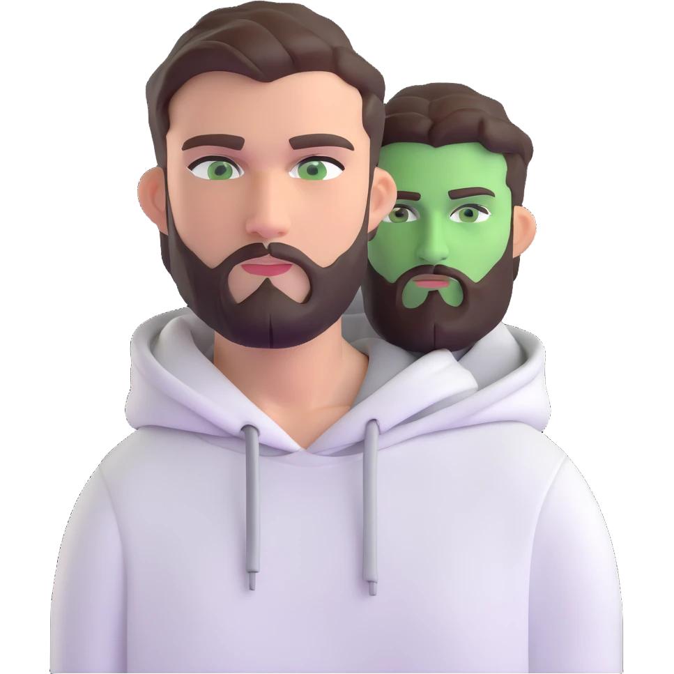 man with short full beard, dark brown undercut hairstyle, white hoodie, and green eyes emoji