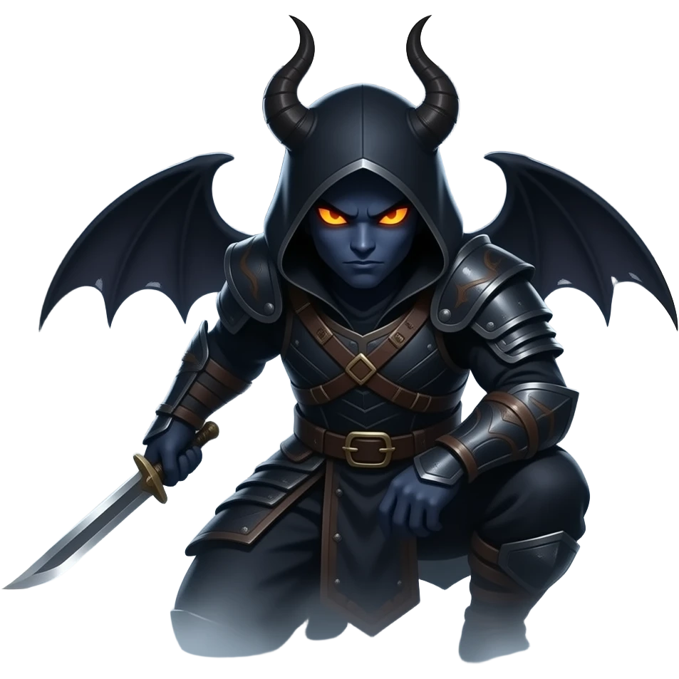 Virunjambang, the stealthy demon warrior, dark skin, blending into a thick fog, holding a dagger, glowing eyes, assassin-style pose, blurred night background. emoji