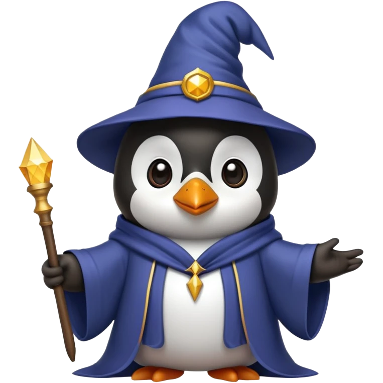 Penguin wearing wizard hat and robe holding a magic wand emoji