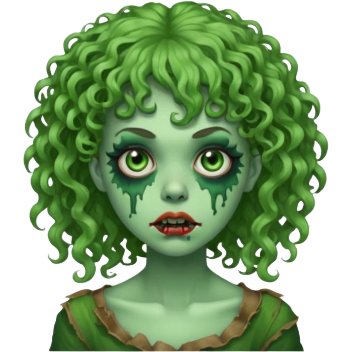 green zombie woman with curly hair, bangs, and a septum piercing. like iPhone emoji emoji