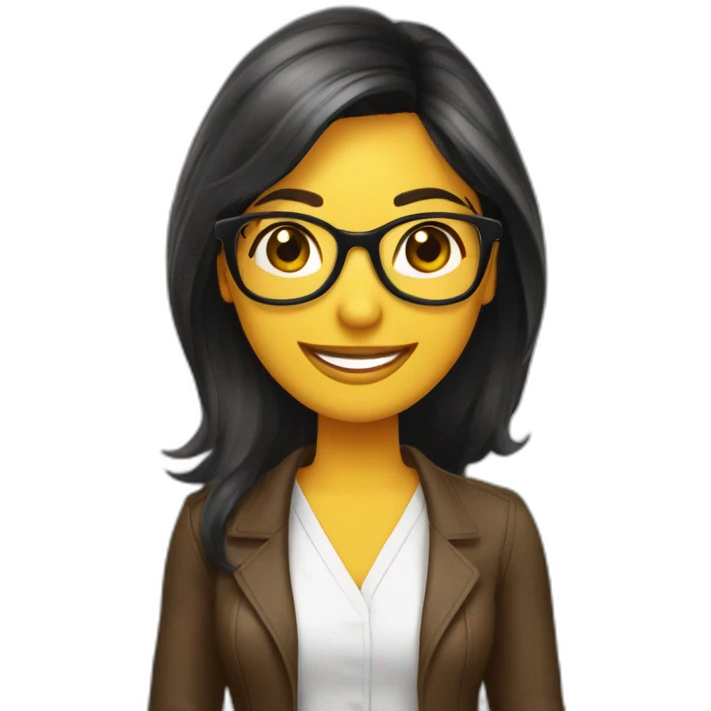 Mujer cabello corto çon lentes, sonriendo con un libro de marketing en la mano emoji
