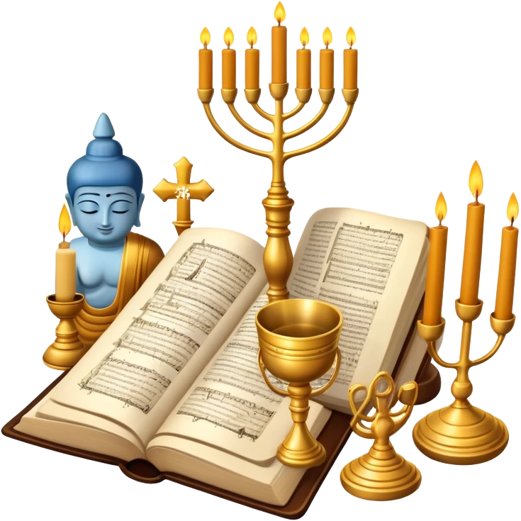 An icon featuring a Torah scroll, Menorah, Bible, Orthodox cross, Quran, and a Buddha statue, symbolizing the study of religions. The design includes diverse religious symbols arranged harmoniously, representing global faiths and spiritual practices. Transparent background emoji