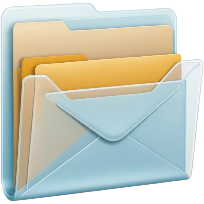 A simple emoji-style icon of a transparent white plastic folder, minimal and clean, with a visible envelope inside labeled “Henry Ballester”, subtle translucency, rounded corners, and soft shading. emoji