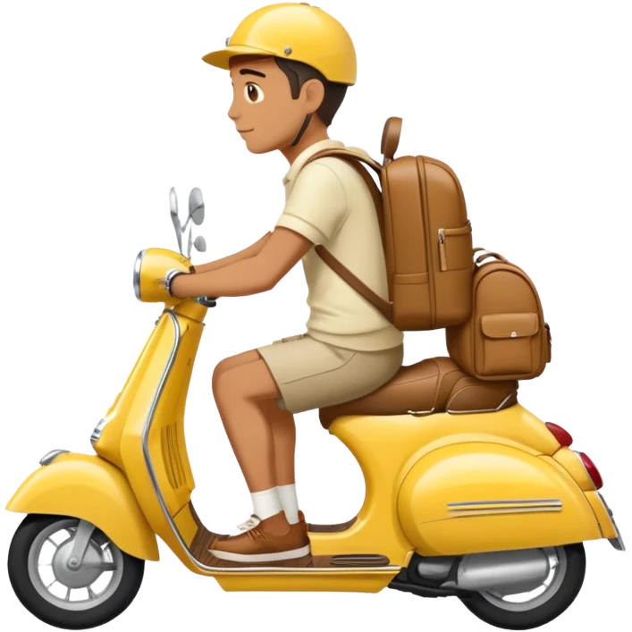 Man on a Vespa going right. Vespa is yellow color. The man has a backpack and summer clothes  emoji