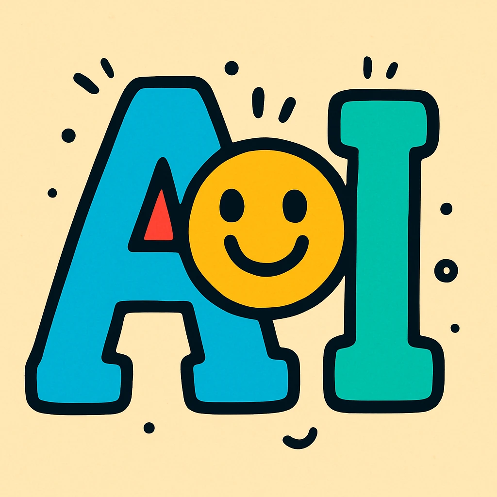 letters 'AI' in a playful, cartoon style with bright colors and a smiling face incorporated emoji