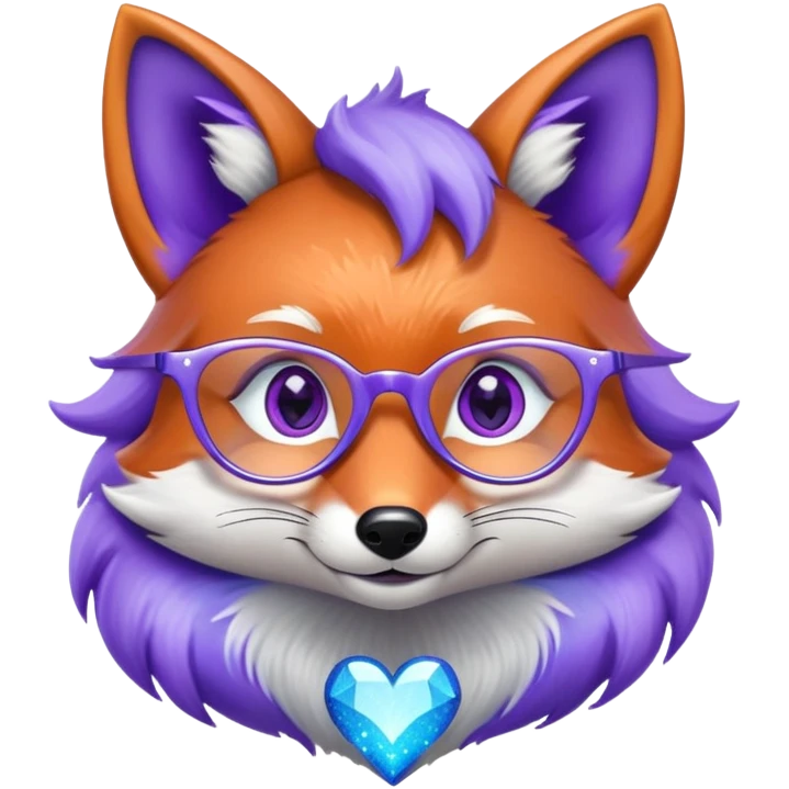 A whimsical fox with sparkling purple-blue fur, a glowing tail, a silver star on its forehead, and round glasses, with heart-shaped eyes, looking in love emoji