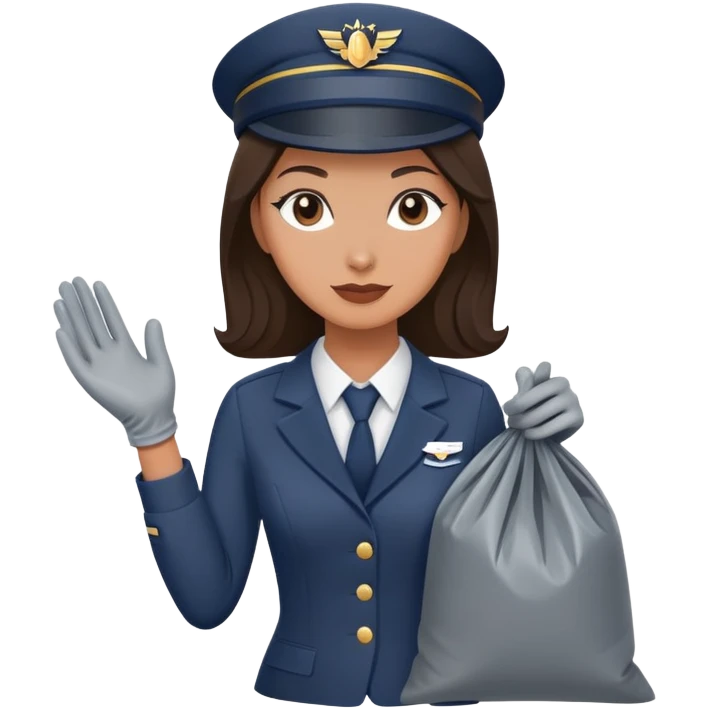 Flight attendant no hat with glove on & a large gray trash bag in her hand emoji