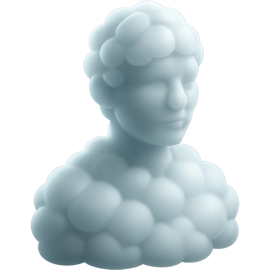 person looking straight, made entirely of white fluffy convex clouds, shoulder up, matte glass style emoji