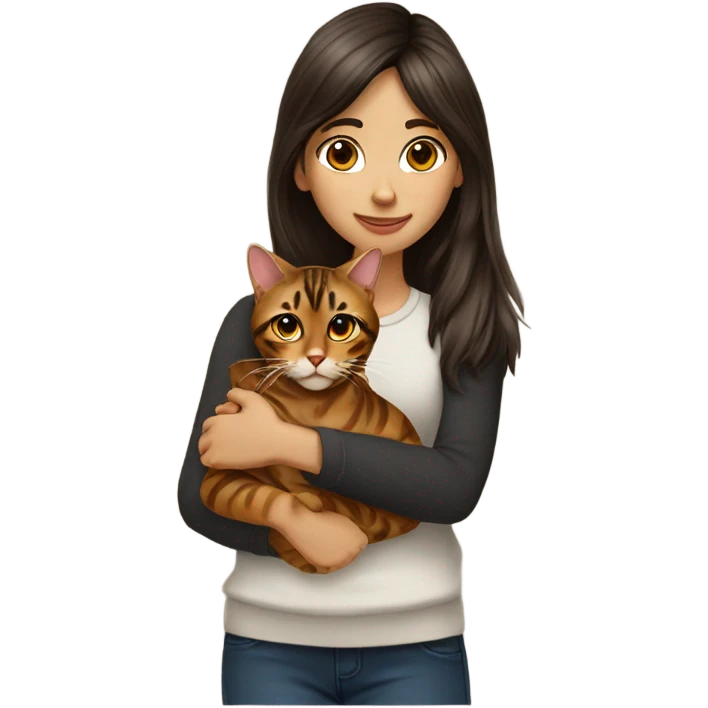 Beautiful woman long dark brown hair have bangs hug bengal cat emoji