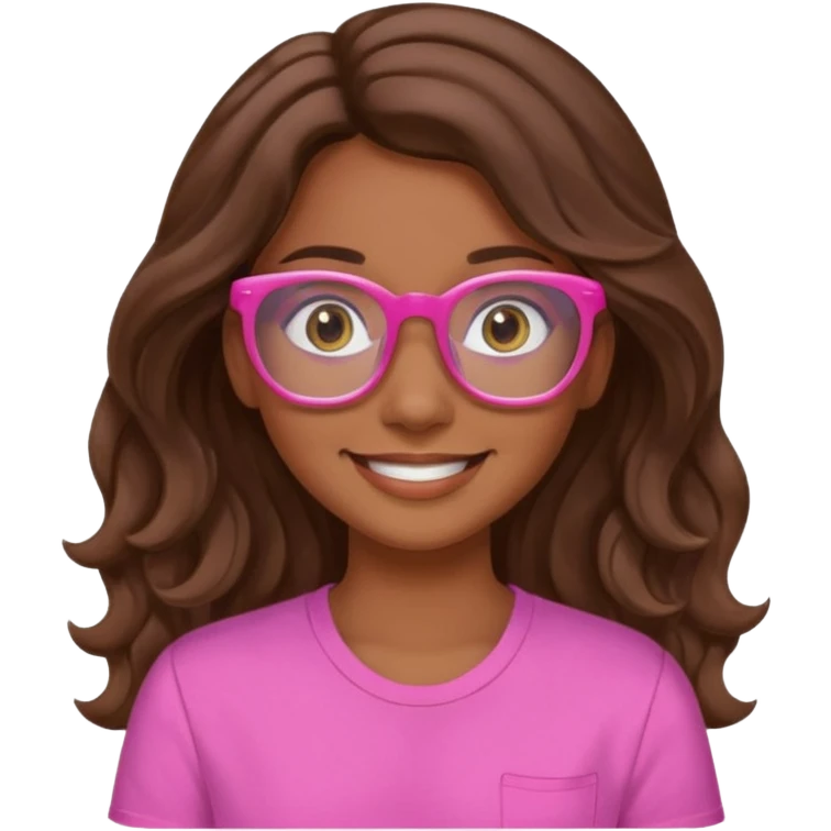 Una chica color de piel sea morena ligado con blanco ojos cafés una sonrisa 🙂 cabello largo ondulado y café camisa de color rosa y lentes de ver azules  emoji