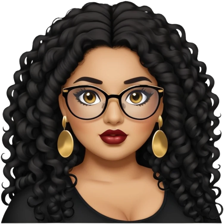 big plus size, latina, darker tan skin, long black curly hair, baddie,pretty, makeup, lipgloss, black eyeliner, long hair, SMALL gold earrings, black top, black glasses emoji