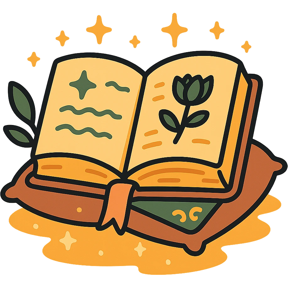 cute open book lying on a cozy surface, designed in a soft and magical color palette: golden orange (FA9B41), deep forest green (4A7C5C), warm taupe brown (96775A), and pastel peach (FFCC9A). The pages are slightly aged with gentle curves, featuring whimsical illustrations, tiny stars, and elegant handwritten text. The book cover, visible beneath the open pages, has decorative patterns and a ribbon bookmark in peach and green tones. Around the book, add soft light, a few leaves, or glowing sparkles, creating a dreamy, enchanted, storybook-like atmosphere. The overall mood is warm, magical, and gentle emoji