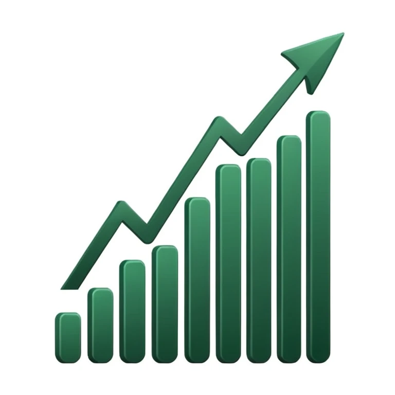 growth chart with white bars and dark green shadows and details, dark green arrow, minimalistic style, no emojis or faces, iOS emoji style emoji