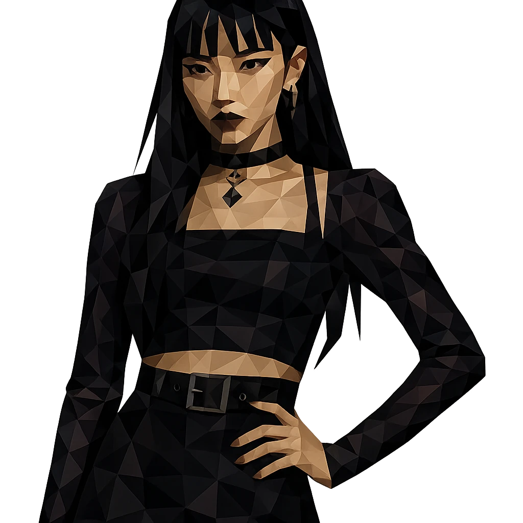 K-pop inspired gothic girl, polygonal style, geometric shapes, dark color palette, stylish stage outfit emoji