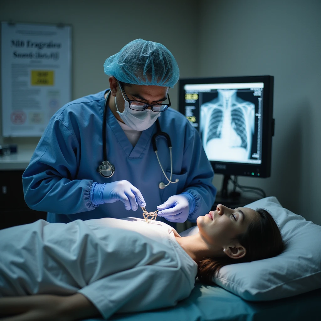 realistic or semi-realistic style, cardiologist placing stent in patient, hospital billing monitor with high cost ($30,000) in background, wall with NIH studies about medical therapy, metaphorical and critical mood emoji