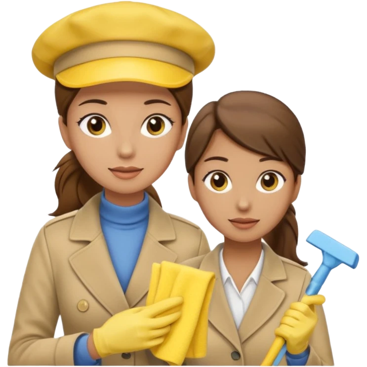 A cleaning Lady with Brown hair, high ponytail and yellow cleaning gloths is Talking to a Detektive with beige had, a beige coap and he is interviewing the cleaning Lady emoji