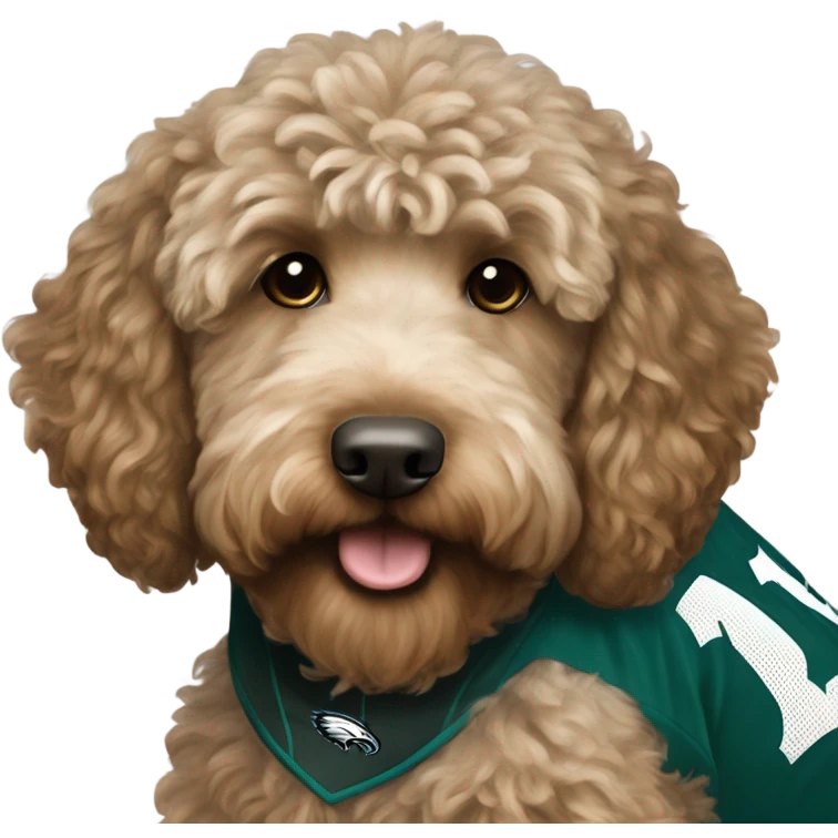 Light brown Labradoodle wearing a Philadelphia eagles jersey emoji