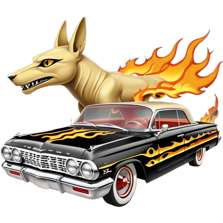 Satan’s streamlined Hot rod custom 1964 impala low rider four door Anubis themed painted hood flaming side-mounted chrome exhaust pipes driving straight to hell  emoji