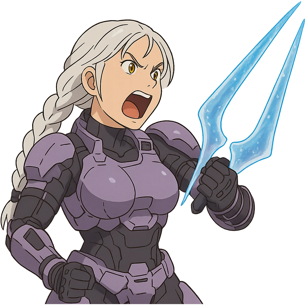 female, wearing reach spartan armor default, long white braid hair, gold yellow eyes, attention pose, HALO:series, no helmet, the armor is lavender color scheme, shoulder pad off. DDD bust size fitting. Punk gothic cyberpunk, brandishing a covenant energy sword, preparing to swing and yelling emoji