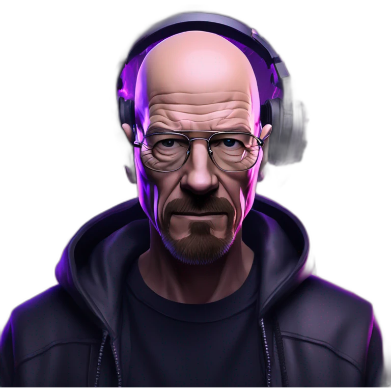 Walter White wearing a black hoodie with "OMG" letters on it and VR headset in a cyberpunk VR environment with violet neon lighting. emoji