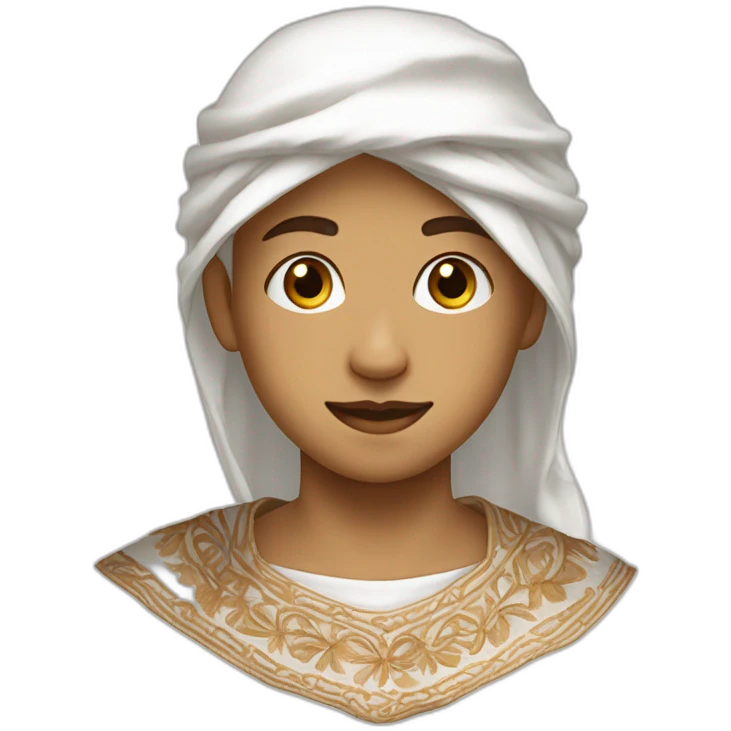 Boy wearing Ornate collar  white dress for male and wearing Embroidered light brown keffiyeh on his head  emoji