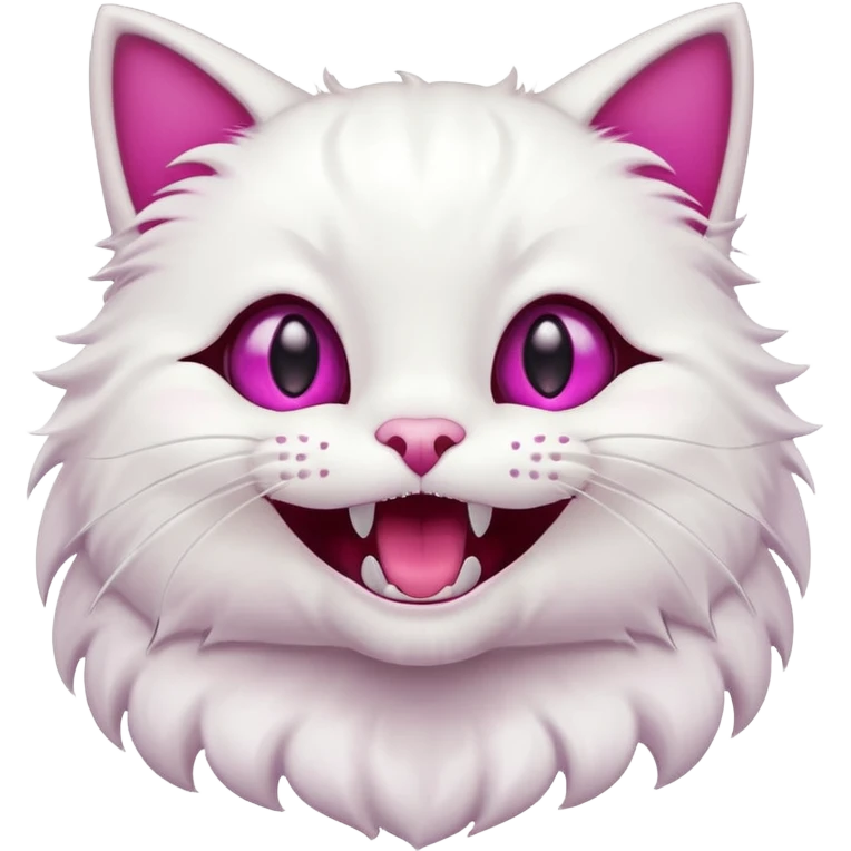 White cat, very happy open mouth smile, fangs showing, magenta eyes, black background, cute cartoon style emoji