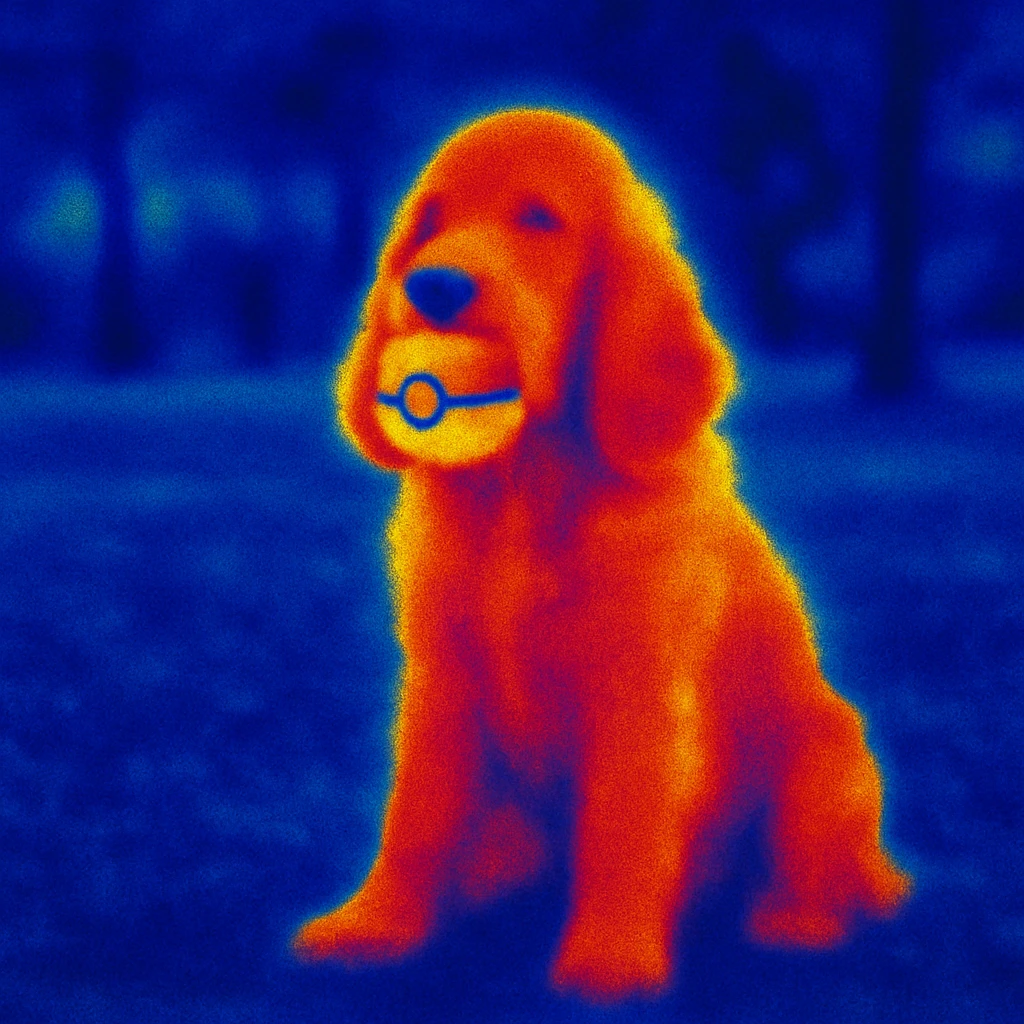 Russian Cocker Spaniel sitting with a Poké Ball in its mouth with a park background emoji