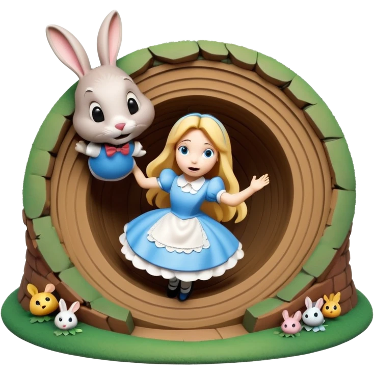 Isolated, 4D rendering,  detailed illustration of the most incredibly amazing modern style of disney's Alice in wonderland falling in rabbitbhole
figurine imaginable, toy style. emoji