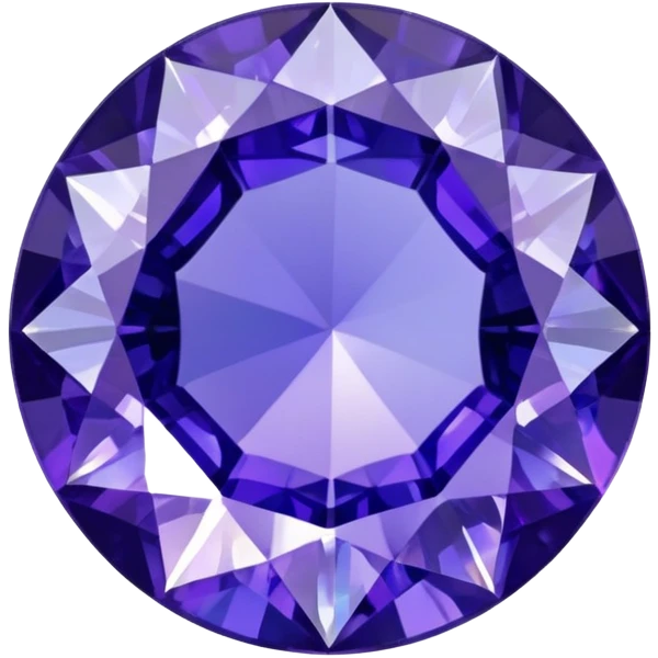 Faceted round tanzanite with deep violet-blue tones and holographic sparkle emoji
